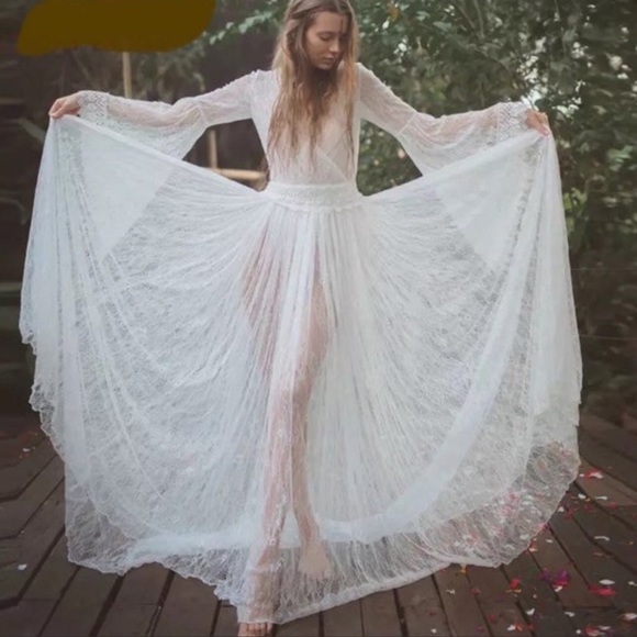 Bohemian Festival White EyeLash Lace A Line Dress /Coverup - Picture 4 of 5